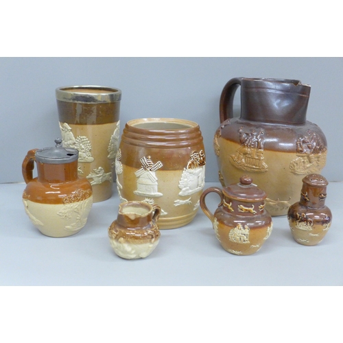 729 - A Doulton saltglaze mustard jug, pepper pot, barrel, drinking vessel, hunting jug T. Smith London an... 