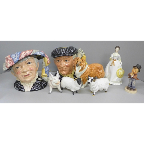 734 - Mixed china, Royal Worcester Summertime figure, Beswick pig, dog, sheep and ewe, Pearly King and Que... 