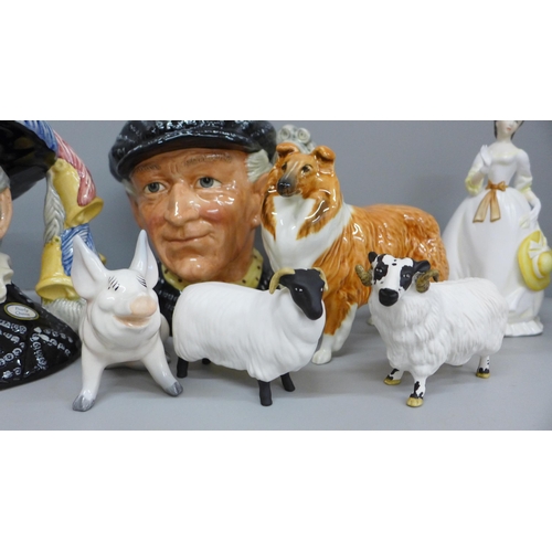 734 - Mixed china, Royal Worcester Summertime figure, Beswick pig, dog, sheep and ewe, Pearly King and Que... 