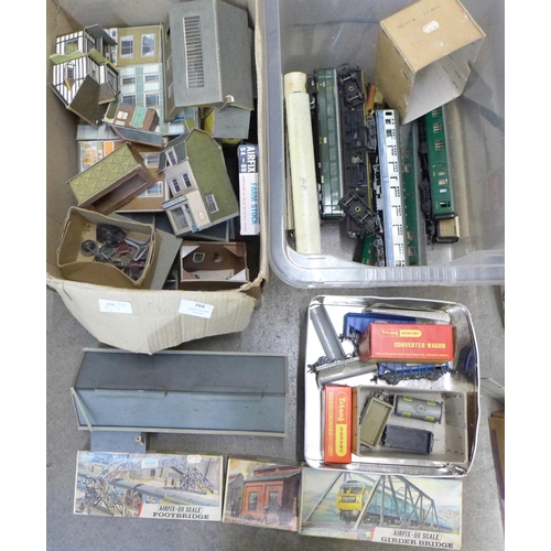 766 - Two boxes of model rail buildings, three Airfix kits, carriages, etc., OO gauge