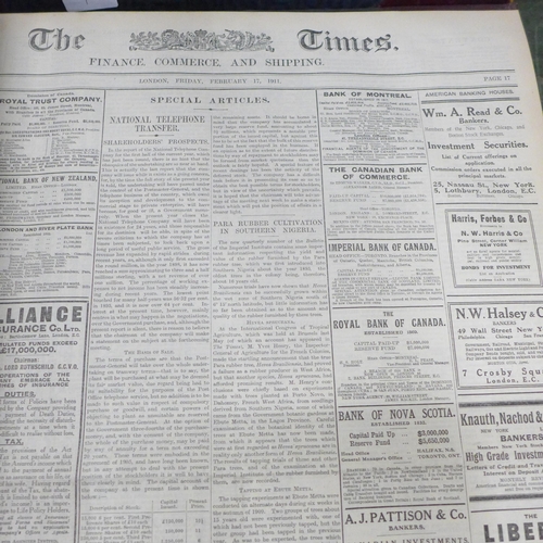 814 - Two bound volumes of The Times newspapers, 1907 and 1911, from the offices of N.M. Rothschild & Sons... 