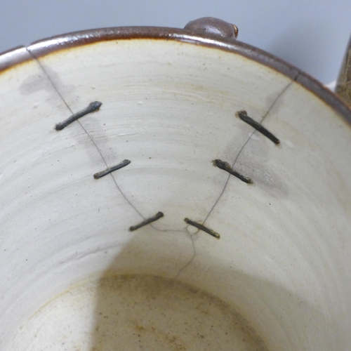 831 - A Denby Victorian saltglaze loving cup, two mugs and a jug - two with old staple repairs (4)