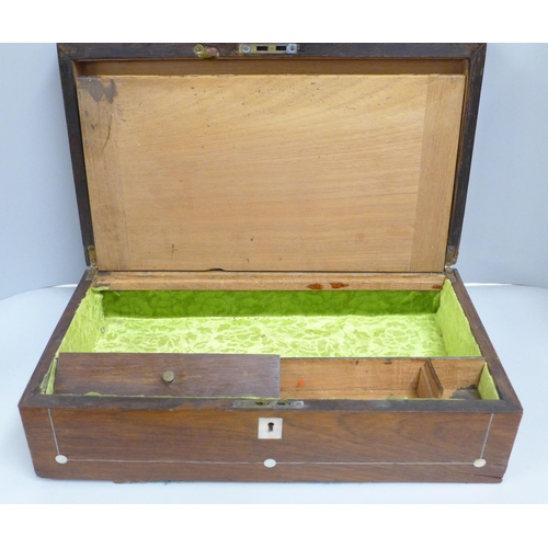 832 - A walnut and mother of pearl inlaid writing box, a/f