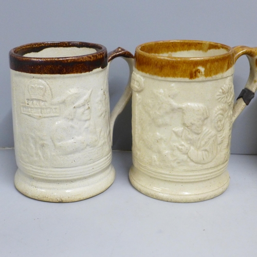 842 - Two Victorian saltglaze small jugs one with cherubs and three Imperial pint mugs and one ½ pint mug ... 