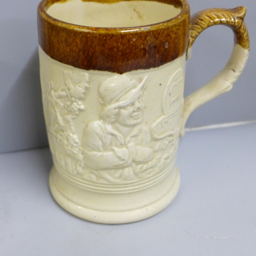 842 - Two Victorian saltglaze small jugs one with cherubs and three Imperial pint mugs and one ½ pint mug ... 