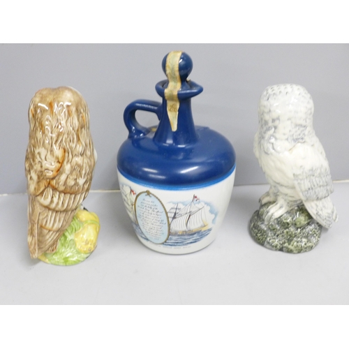 843 - Two Whyte & Mackay scotch whisky decanters - barn owl and snowy owl and a bottle of Alfred Lamb's na... 