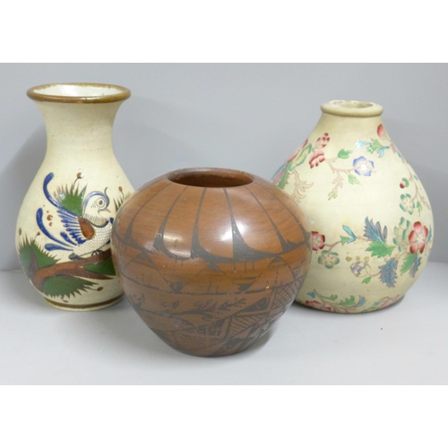 847 - Three vases including Tonala and Chinana Terez