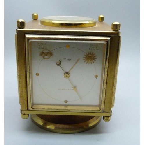 859 - An Imhof mid-century desk clock and weather compendium, brass and gilt finish, 9.5cm, one brass scre... 