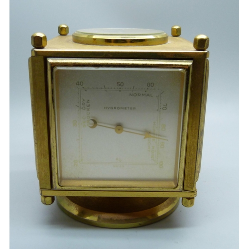 859 - An Imhof mid-century desk clock and weather compendium, brass and gilt finish, 9.5cm, one brass scre... 