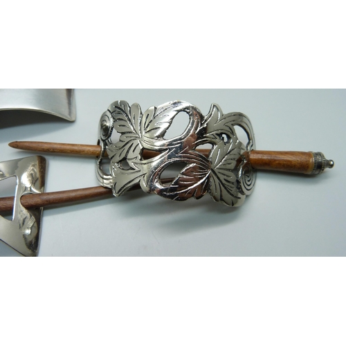 893 - Three metal barrette hair pin accessories including one set with mother of pearl