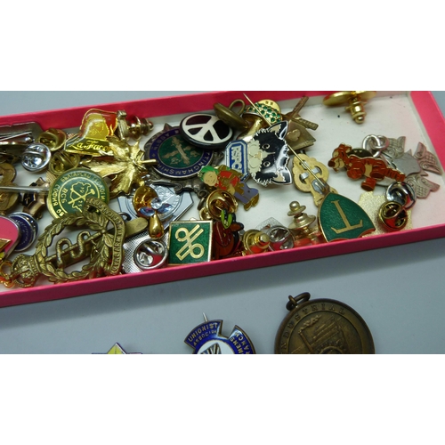 899 - A collection of badges, etc., including a silver rimmed Leicestershire Regimental brooch and a Clact... 