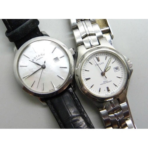 906 - Two lady's wristwatches, Rotary and Pulsar, a pair of 9ct gold and pearl earrings, one other pair of... 