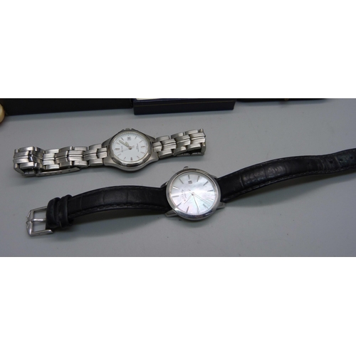 906 - Two lady's wristwatches, Rotary and Pulsar, a pair of 9ct gold and pearl earrings, one other pair of... 