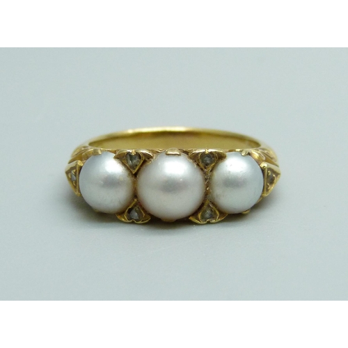 937 - An antique yellow metal, pearl and old cut diamond ring, 5.2g, M