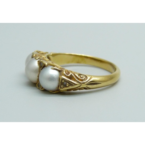 937 - An antique yellow metal, pearl and old cut diamond ring, 5.2g, M