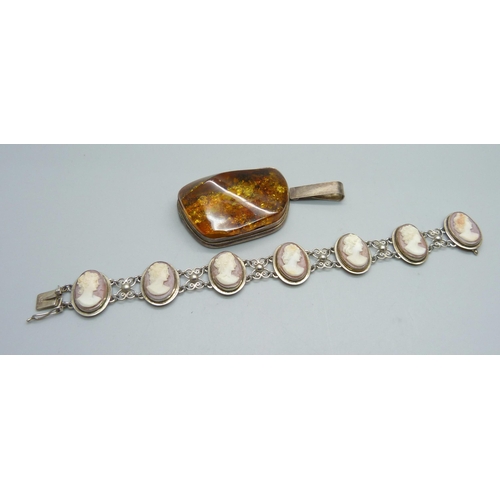 946 - An 800 silver set cameo bracelet and a large pendant, pendant a/f