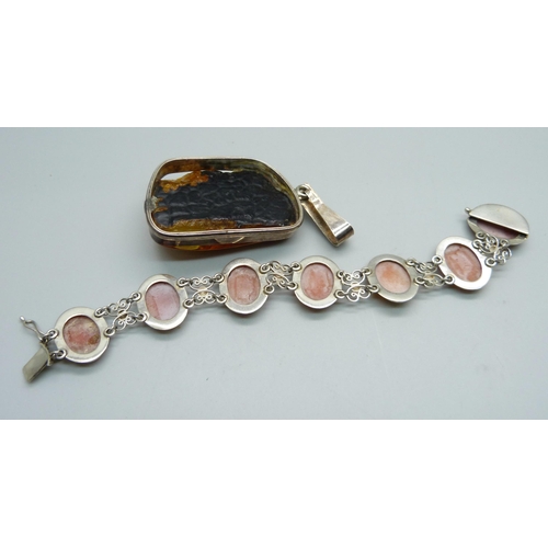 946 - An 800 silver set cameo bracelet and a large pendant, pendant a/f