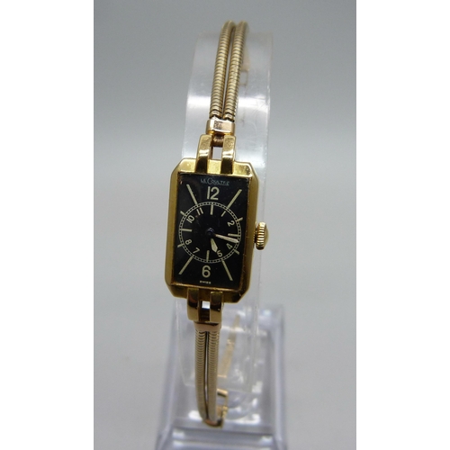 949 - A lady's 18ct gold cased LeCoultre Art Deco wristwatch on a 9ct gold bracelet strap, the case hallma... 