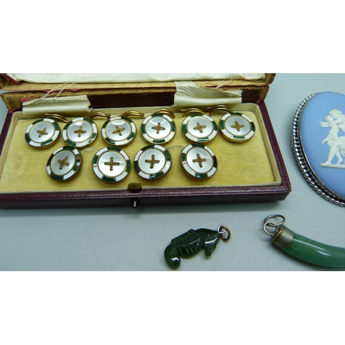 950 - A set of six enamelled and mother of pearl buttons with matching cufflinks, a pair of opal earrings,... 