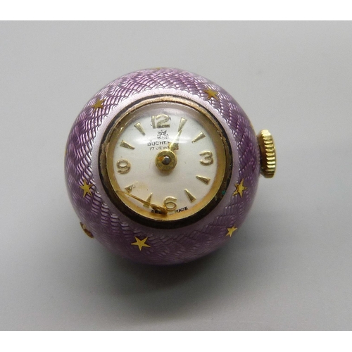 958 - An agate desk seal and an enamelled Bucherer pendant watch, enamel a/f and one hand loose