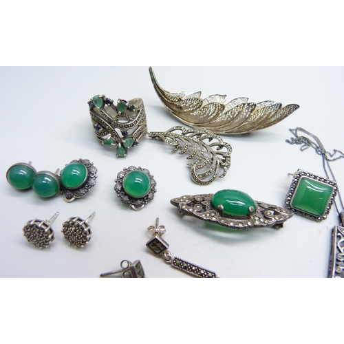 975A - A collection of silver, marcasite and green stone jewellery