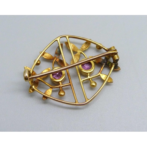 977 - A 15ct gold Art Nouveau style stone set brooch, 2.8g