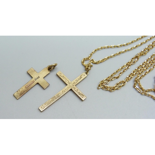 978 - Two 9ct gold cross pendants and a 9ct gold chain, 6.7g, chain 60cm