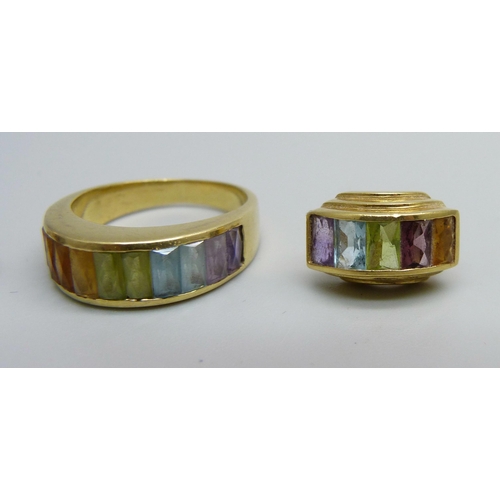 980 - An 18ct gold multi-gemstone set ring, 6.8g, O, and a matching pair of earrings set in yellow metal a... 