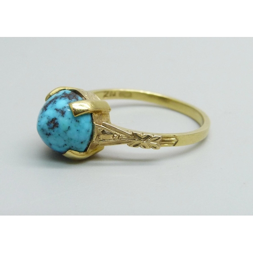 988 - An 18ct gold and turquoise ring, 3.6g, P