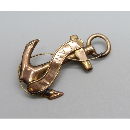 989 - A 9ct gold Llandudno anchor brooch, 2g, fastening hook requires repair