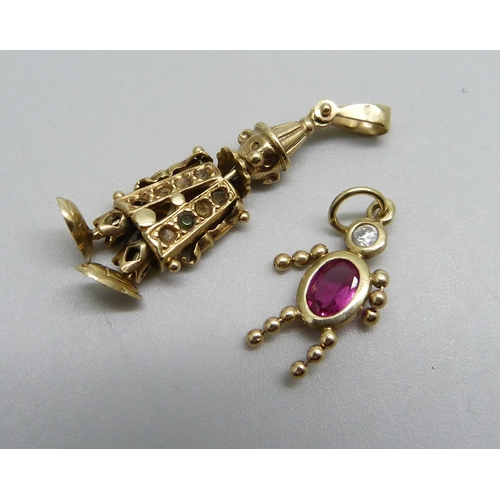 997 - A 9ct gold articulated rag-doll pendant or charm, a/f, lacking stones, and a smaller 9ct gold charm,... 