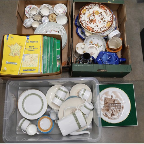 1181 - Four boxes of mixed china, Royal Doulton and Mason's, French road maps, etc.