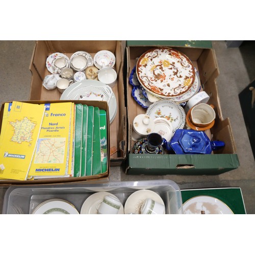 1181 - Four boxes of mixed china, Royal Doulton and Mason's, French road maps, etc.