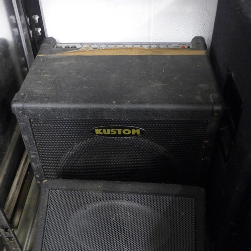 2127 - A quantity of speakers including Kustom KBA100 100w Mosfett bass amplifier, A Wharfdale Pro stage sp... 