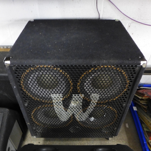 2127 - A quantity of speakers including Kustom KBA100 100w Mosfett bass amplifier, A Wharfdale Pro stage sp... 