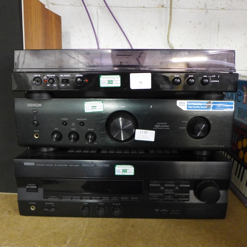 2130 - A quantity of stereo equipment including Yamaha DSP-A492 Natural Sound AV amplifier, a Denon PMA-520... 