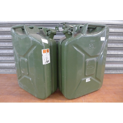 2285 - Two 20ltr green metal Jerry cans one with spout