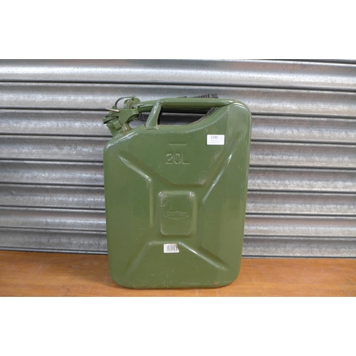 2285 - Two 20ltr green metal Jerry cans one with spout