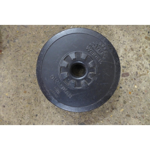 2303 - A pair of dumbbells and 16 weight plates - various sizes and weights