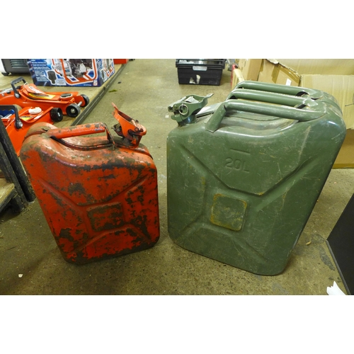 2311 - 2 metal jerry cans - 20 litre green metal and 10 litre red metal can dated 1986