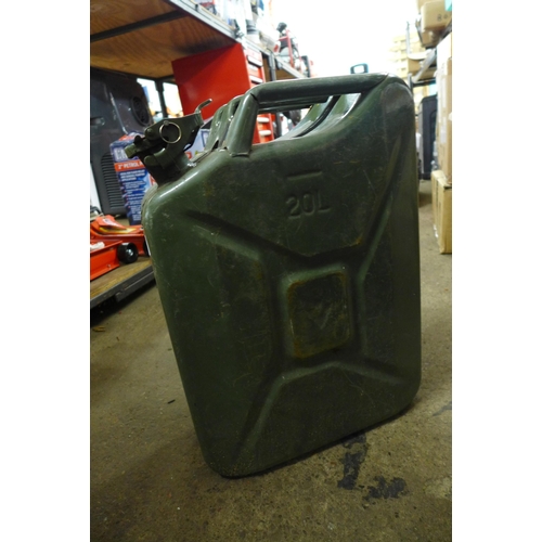 2311 - 2 metal jerry cans - 20 litre green metal and 10 litre red metal can dated 1986