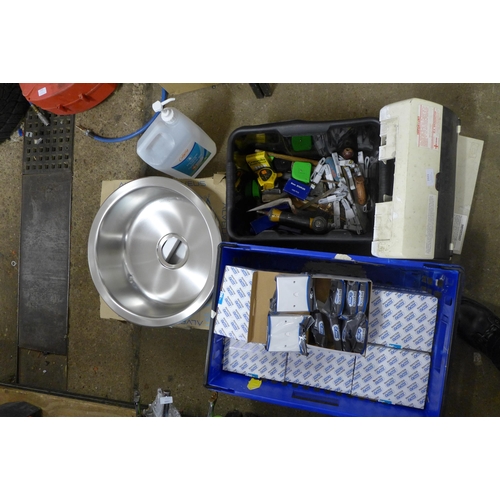 2321 - A box of electrical junction boxes and 2 stainless steel sinks with a box of assorted hand tools