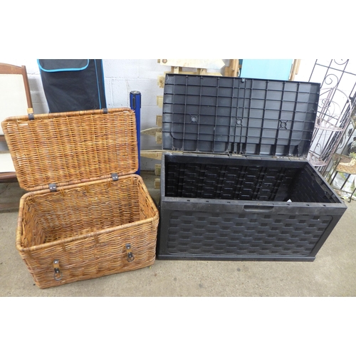 2329 - A Keter style garden storage box and a large wicker basket