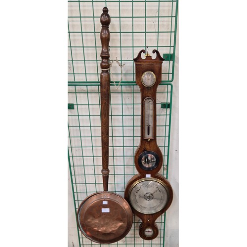 381 - A brass warming pan and a George III mahogany banjo barometer