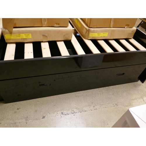 1585 - A black high gloss double bed frame with lamp tables and storage drawers  * This lot is subject to V... 