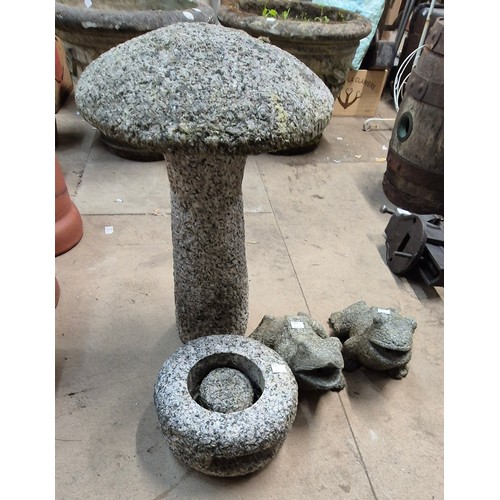 333A - A granite bird bath and toad stool and two concrete frogs