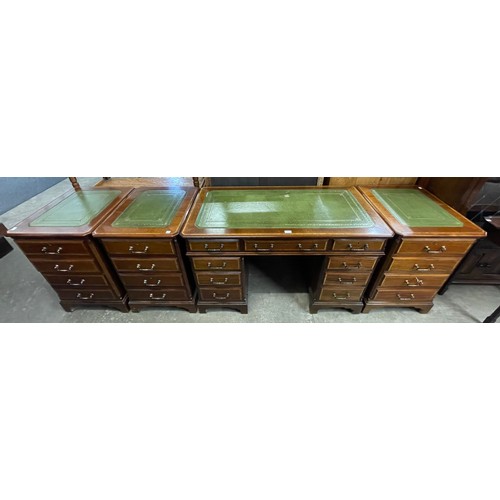 162 - A Regency style inlaid mahogany and green leather top desk and three matching filing cabinets