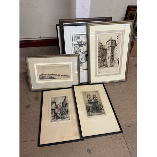 336A - A Leonard Brewer etching, Wales, three other etchings including Cleethorpes by Walter G. Pym and thr... 