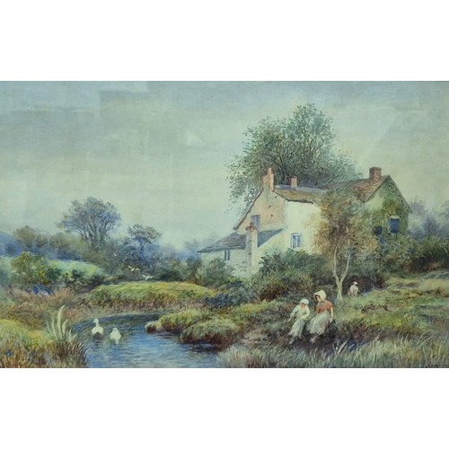 7 - H. Measham (late 19th/early 20th Century), rural cottage landscape with girls by a stream, watercolo... 