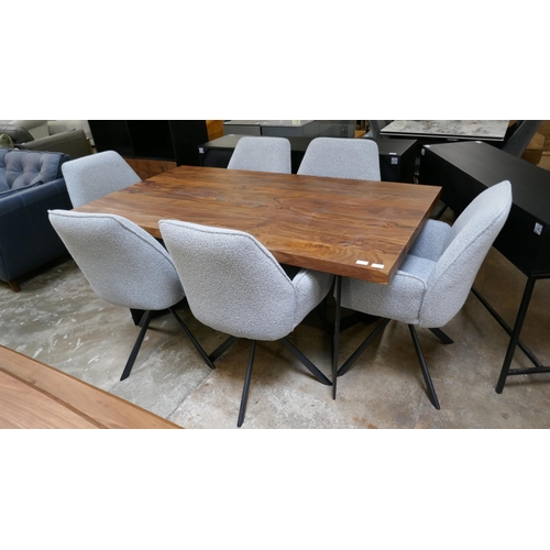 1378 - A hardwood and steel dining table and six boucle swivel chairs  *This lot is subject to VAT